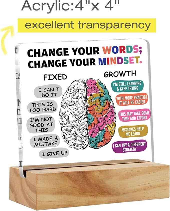 Positive Gifts for Her & Him: Encouragement Growth Mindset Acrylic Desk Plaque Sign with Wood Stand - Keepsake Present