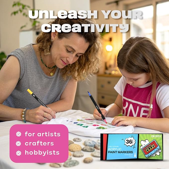 Acrylic paint pens create art – Dual Brush Tip Acrylic Markers Set, Waterproof Quick-Drying Ink for Rock Painting, Glass, Wood, Fabric (36)