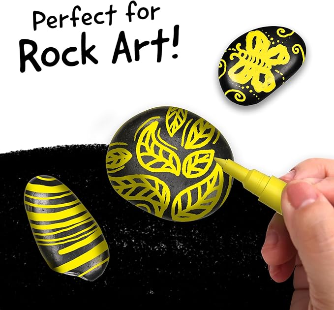 4 Dual Tip Yellow Paint Pen Metallic - Fine Tip & Medium Acrylic Paint Markers - Yellow Marker for Metal, Wood, Rock Painting, Canvas, Ceramic, Glass, Fabric, Leaf and Plastic - Water-based Ink