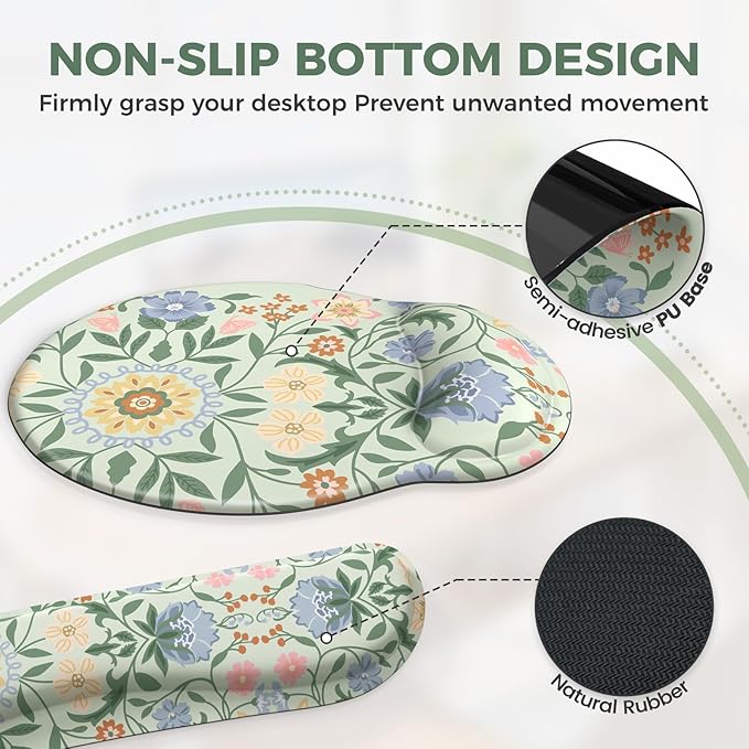 iCasso Desk Cover Mat, Gaming Mouse Pad Wrist Support Set,4in1 XXL Large Mousepad + Keyboard Wrist Rest+Mouse Wrist Rest+Coaster Set with Ergonomic Design for Home Office Table Computer(Green Flowers)
