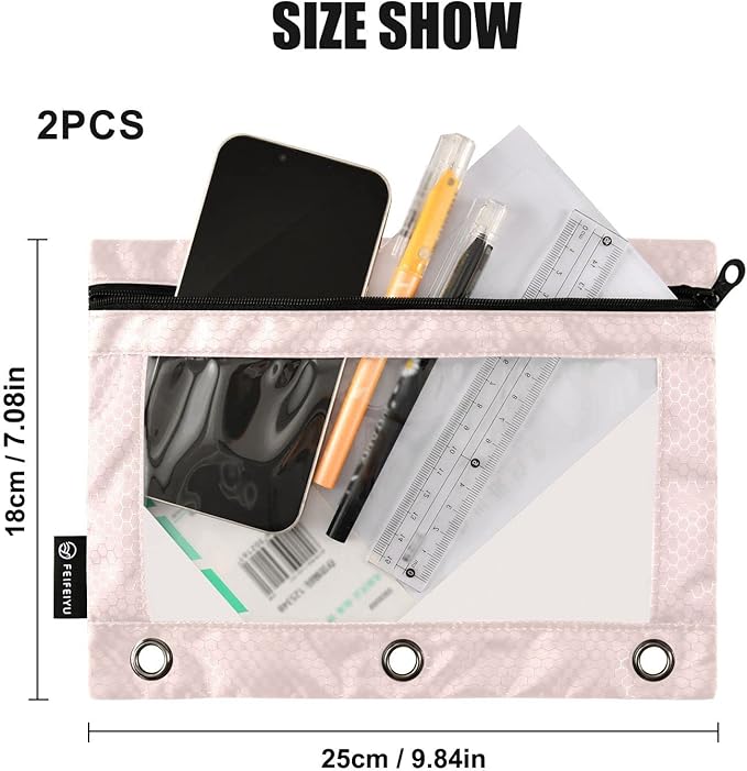 Gredecor Binder Pencil Pouch 3 Ring Misty Rose Pink Zipper Pencil Pouches Case 2 Pack Clear Binder Organizer for School Office