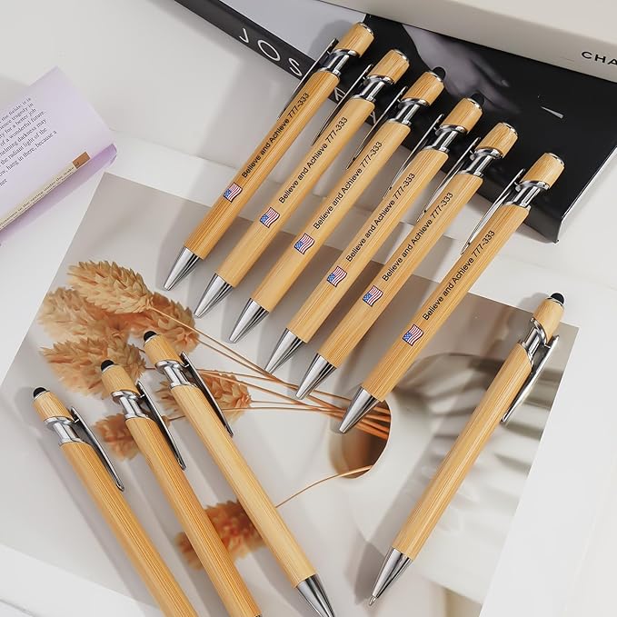 Bamboo Personalized Pen with Stylus -Customizable Text Logo Name Ballpoint Pens with Black Ink-Personalized Gift Ideas for School Back Day Office Business Home(200 Count/Pack)