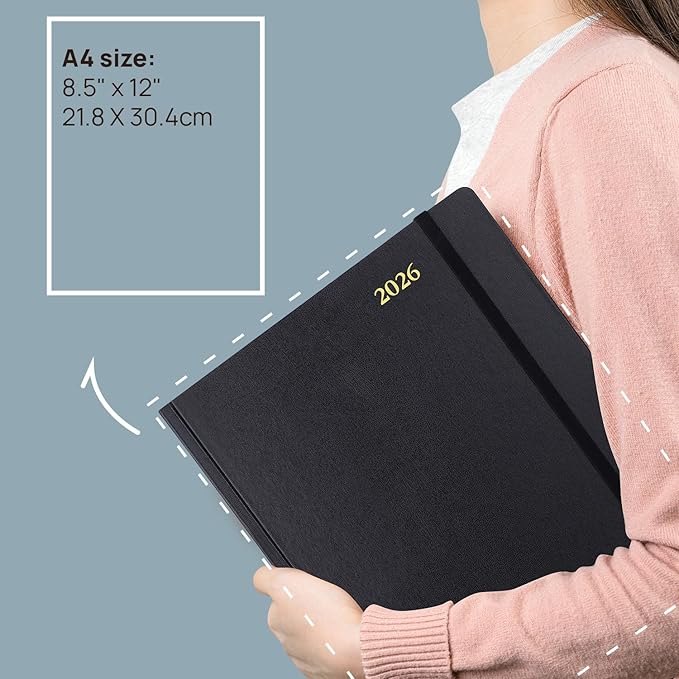 POPRUN 2026 Daily Planner One Page Per Day Even Weekends A4 Large Size (8.5" x 12") - 12 Months Calendar Hourly Appointment Book with Inner Pocket, Pen Holder, Hardcover - Burgundy