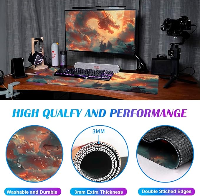 Super Sized Anime Dragon Mouse Pad, Office Cloud Dragon Teng Game Keyboard Pad, Extended Anti Slip Stitching Edge Computer Mouse Pad 35.4 x 15.7 Inches