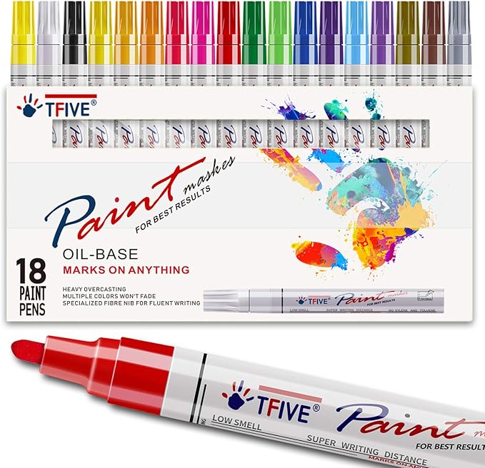TFIVE Paint Pens Paint Markers Never Fade Quick Dry and Permanent,18 Color Oil-Based Waterproof Marker Pen Set for Rock Painting, Stone, Ceramic, Wood, Fabric, Plastic, Canvas, Glass, Mugs