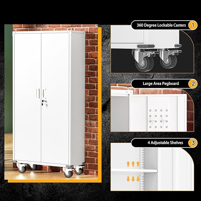 INTERGREAT Metal Garage Storage Cabinet, Lockable Rolling Tool Cabinets with Pegboard and Shelves, 72" Tall Heavy-Duty File Cabinet with Wheels for Garage, Basement, Warehouse, White