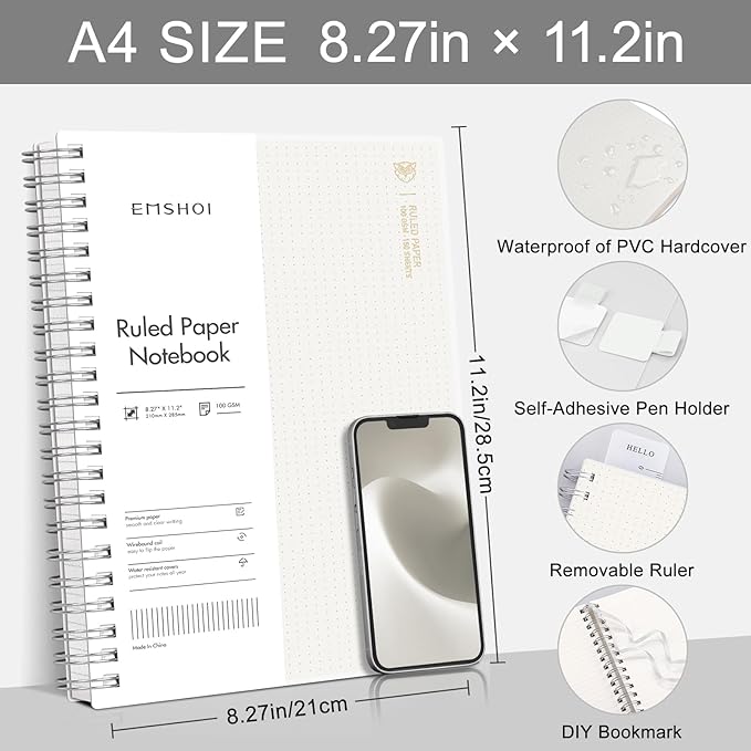 EMSHOI Lined Journal A4 Spiral Notebook, College Ruled Notebook, 300 Pages/150 Sheets, 100gsm Acid-Free Paper, Waterproof Softcover Notebook for School, Work, Writing, 8.27" × 11.2" - Transparent