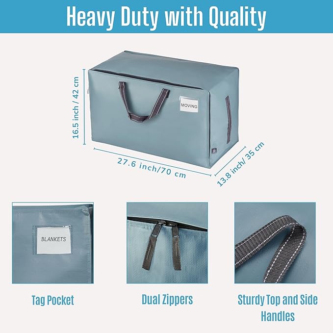 VENO 4 Pack Moving and Storage Bags, Heavy Duty, Alternative to Moving Boxes, Large Packing Totes Supplies for College Dorm Room with Zipper for Clothes, Wide Open Design (Light Blue Matte, 4 Pack)