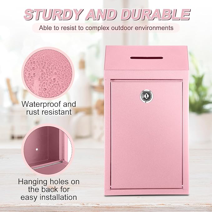 Metal Donation Cash Box Collection Safe Suggestion Box with Lock Wall Mounted Mailbox Delivery Ballot Container for Home Office Outdoor Door(Pink)