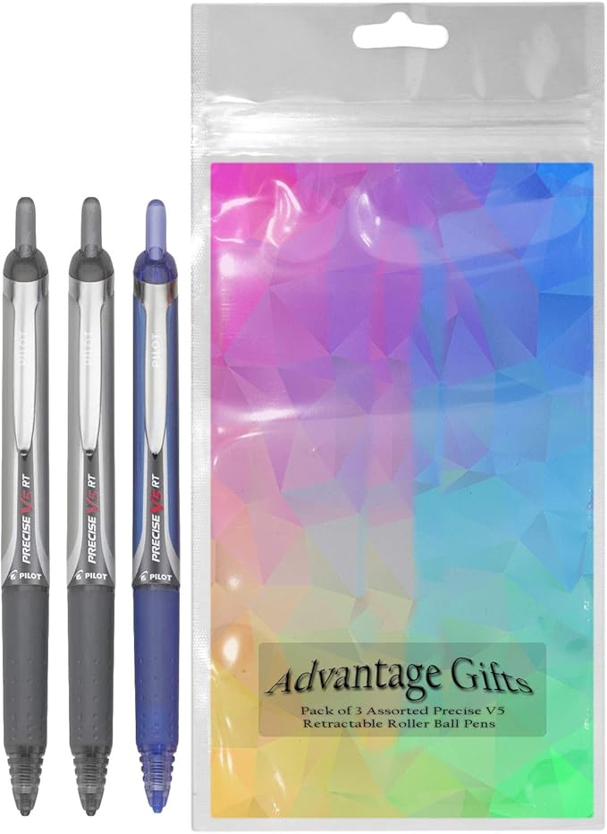 Precise V5 RT Retractable Rolling Ball Pens, Extra Fine Point (.5mm), Assorted Colors Black/Blue Ink, 3-pk; Premium Comfort Grip, Bundle with Plastic Reusable Pouch