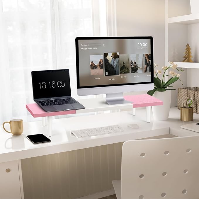 Dual-Monitor-Stand-Riser-For-Desk Adjustable Length 32-40 Inch，Large Desktop Computer Monitor Riser For 2 Screens，Desk Shelf Organizer Riser Stand For Computer/Laptop/PC/Printer/TV