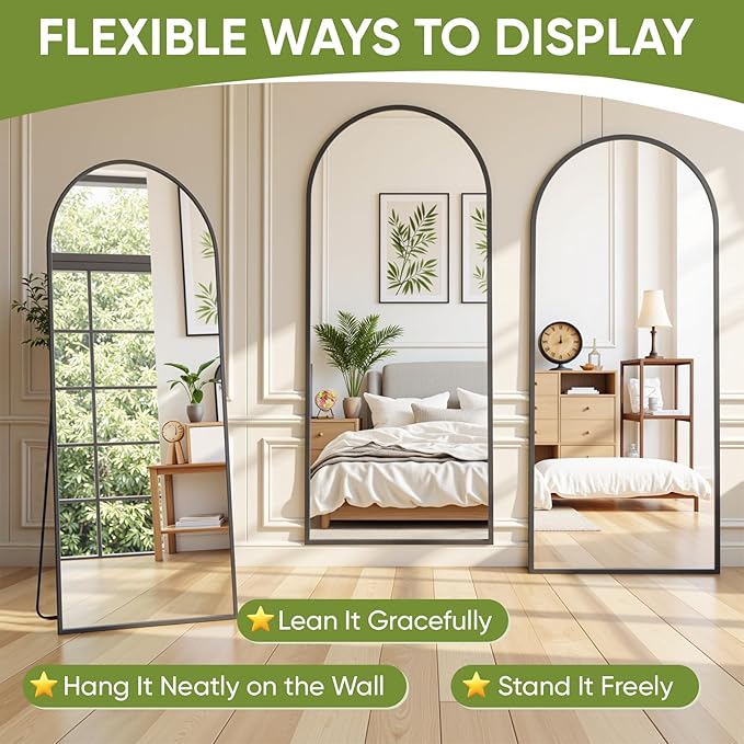 Full-Length Floor Mirror with Stand, 78"x38" Arched Style Full Body Standing Mirror for Bedroom, Living Room, Gym, Dorm - Shatter-Resistant & Easy Assembly, Black