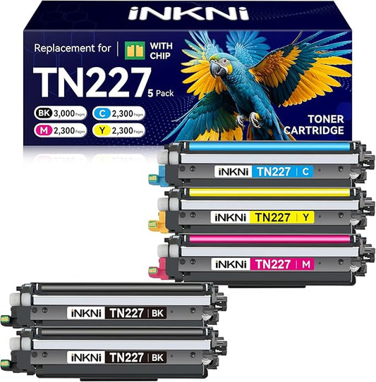 TN227 tn-227bk/c/m/y high Yield Toner Cartridge 5 Pack(with chip) Compatible Replacement for Brother tn227 tn227bk tn223 Toner for HL-L3270CDW MFC-L3770CDW MFC-L3710CW HL-L3290CDW MFC-L3750CDW Prints