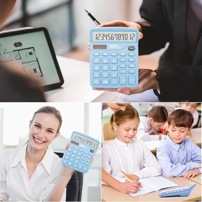 Blue Office Calculator - 12 Digit Desktop LCD Display with Sensitive Buttons