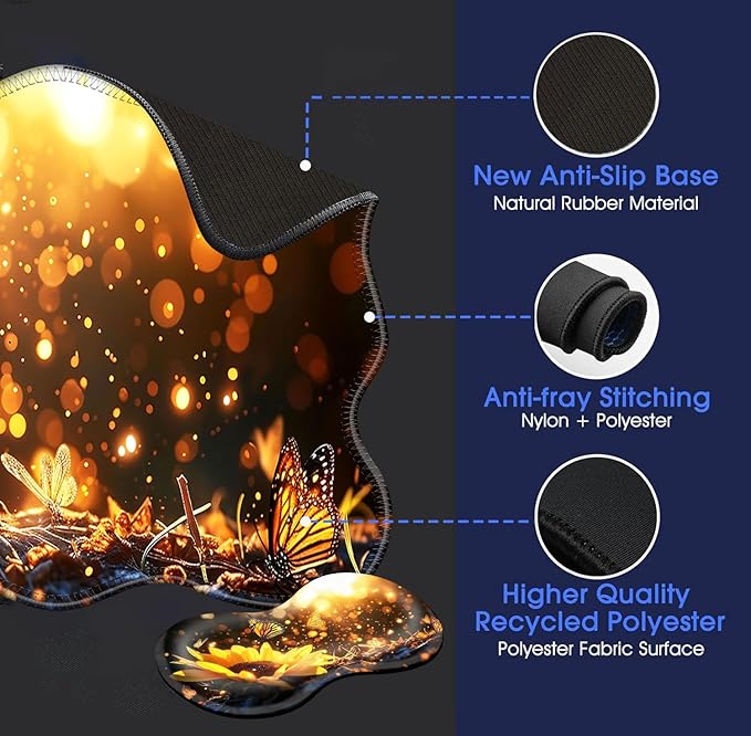 Large Mouse Pad and Keyboard Wrist Rest, Desk Pad for Keyboard and Mouse, 4-in-1 Large Gaming Mouse Pad with Wrist Support, Desk Mat for Home Office Study Game-Sunflower and Butterflies