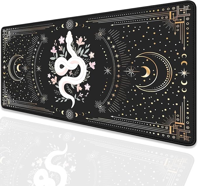 Mysterious Starry Sky Moon and White Snake Pattern Large Extended Gaming Mouse Pad E-Sports Office Desk Mat Keyboard Pad Rubber Non-Slip Computer Mouse Mat Suitable for Home Office Work(27.5X11.8 in)