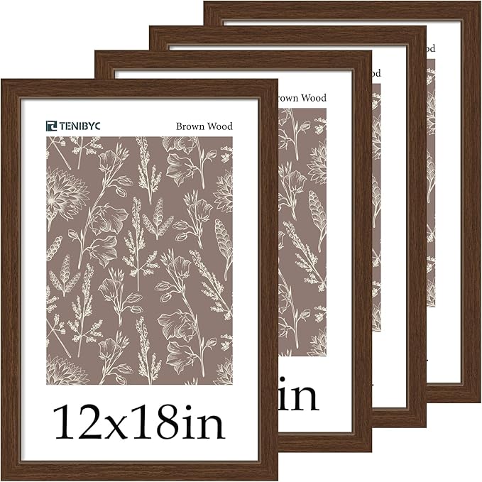 12x18 Frame Set of 4 - Brown Grain, Natural Wood & HD Tempered Glass, 12x18 Poster Frame, Vertical & Horizontal Wall Hanging