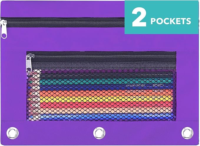 Pencil Pouch for 3 Ring Binder - 3 Hole Zipper Pen Case Bag Holder Bulk Accessories Clear Window Aesthetic Organizer Pockets (Purple, 1)