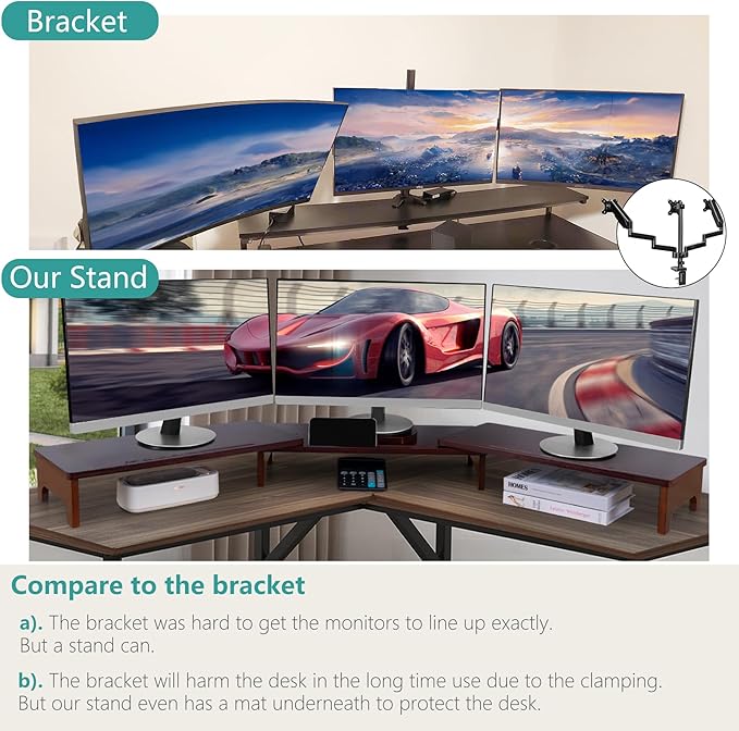 Nnewvante Monitor Stand Riser, Upgrade Height Large TV Riser, 60 inch Large Bamboo Dual Monitor Stand for Desk, 3 Shelves Desktop Screen Riser with Adjustable Length Angle for Computer Laptop Walnut