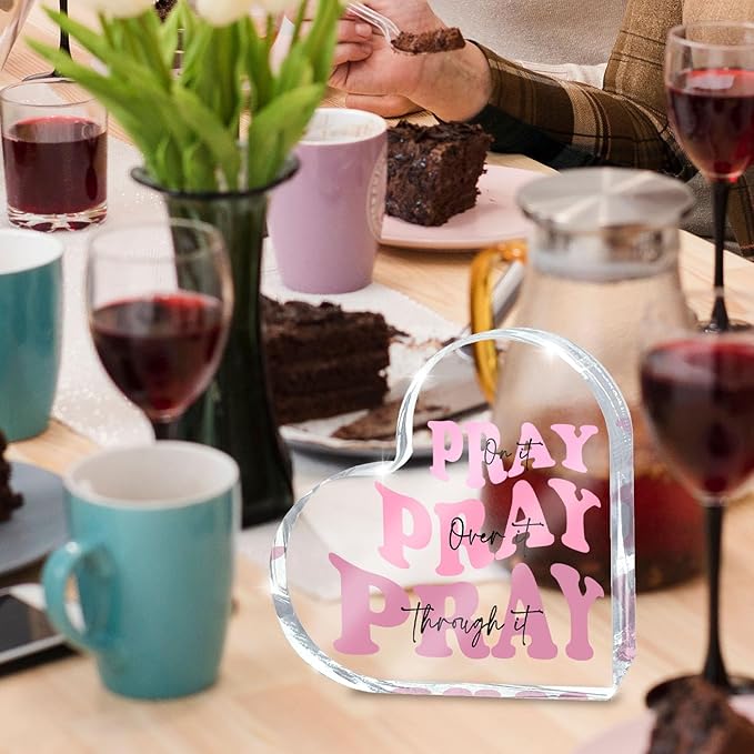 Pray on it Pray over it Pray through it Heart Acrylic Sign, Decorative, Pink Dorm Room Decor for Women, Pink Office Desk Accessories Decor Sign, Bathroom Acrylic Sign(Heart)