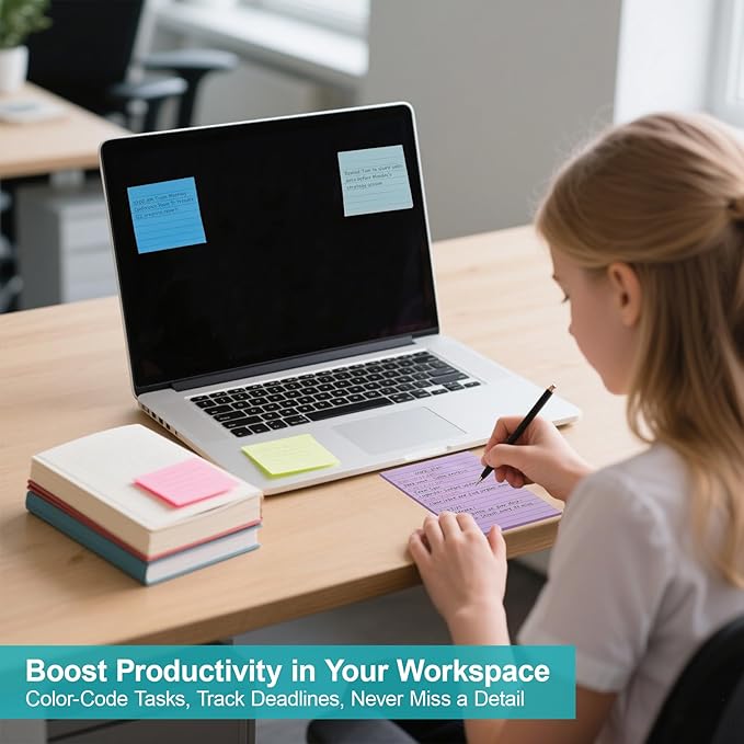 8 Pads Lined Sticky Notes 4x4 inch Self-Stick Notes Bright Colors Sticky Note for Office Home School