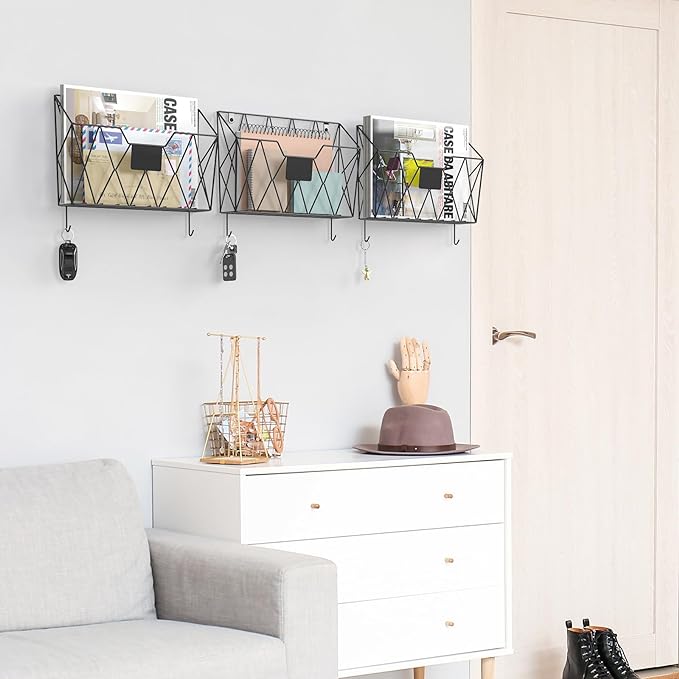 YBING Wall File Organizer Mesh Hanging Wall-mount Files Holder 6 Pack Hanging Wire Magazine Rack and Mail Holder with Hooks Office Wall Organizer for Papers Folders Files Clipboard Black