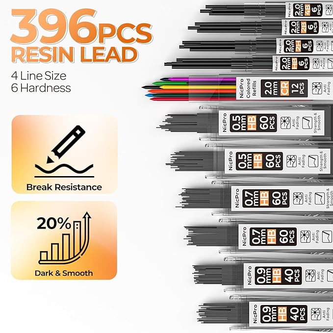 Nicpro 22PCS Metal Mechanical Pencil Set in Case, Art Drafting Pencil 0.5, 0.7, 0.9 mm & 2 PCS 2mm Mechanical Drawing Pencils with 396PCS Leads (4B 2B HB 2H Colored) for Drawing Writing Sketching