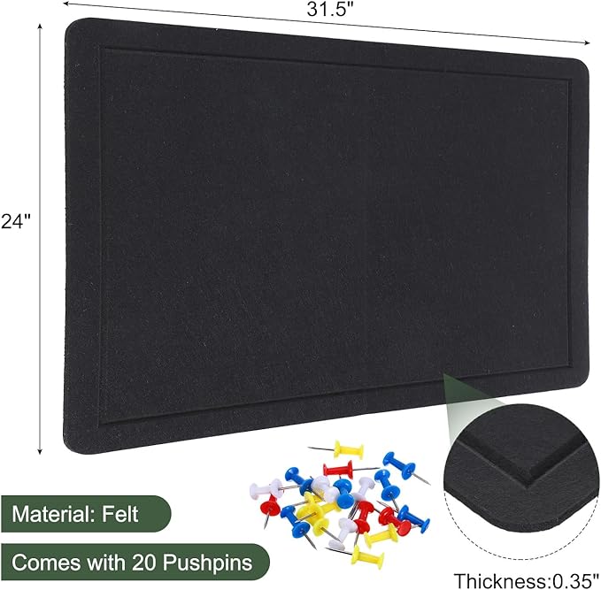 YOKIVE Felt Bulletin Board, 31.5 x 24 -Inch Foldable Decorative Pin Board Self Adhesive Felt Cork Board with 20 Pushpins, Great for Wall, Photo Display, Paste Note, Schedule(Black)