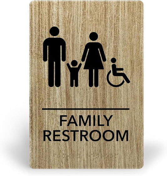 Promot Family Restroom Sign – ADA Braille Bathroom Sign for Business, Self-Adhesive, 9" x 6", Commercial Door Signage, Office Wall Decor - Almond