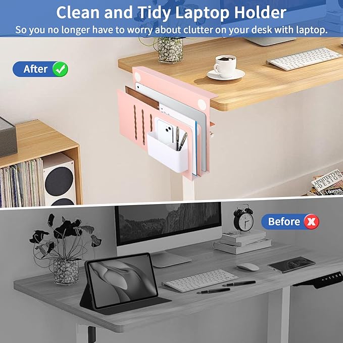 LUKETURE Desk Side Storage, 2 Tier Steel Hanging Organizer, No Drill Side Desk Organizer, Laptop Holder, with Pen Holder, Hanging Table Storage for Office Home, Fits Flat Edge Tables 0.3" to 2.8"