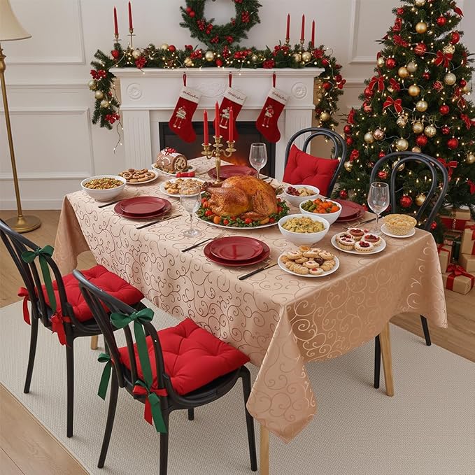 Romanvicky Christmas Jacquard Tablecloth Gold Floral Pattern Rectangle Table Cloth Spill Proof Wrinkle Resistant Polyester Table Cover for Party, Holiday, Thanksgiving Decoration, 52 x 70 Inch