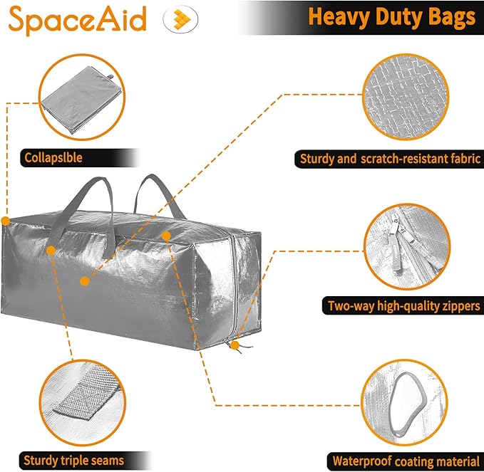 SpaceAid Heavy Duty Moving Bags, Extra Large Storage Totes W/Backpack Straps Strong Handles & Zippers, Alternative to Moving Boxes, Packing & Moving Supplies, Gley (10 Pack)