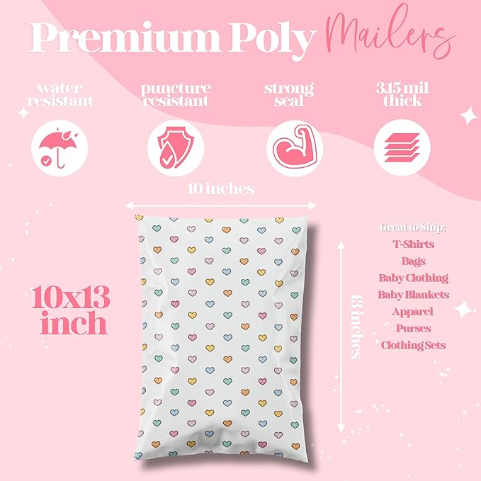 10x13 Designer Poly Mailer 100 Pack Heavy Duty Waterproof Self Seal Shipping Bags for Small Business Large Mailing Envelopes Bulk Tear Resistant Packaging Preppy Hearts