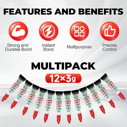 Super Glue Gel 3 Gram (Pack of 12), Clear Instant CA Glue Multipack for Plastic Ceramic Glass, Strong All Purpose Single Use Cyanoacrylate Adhesive for Metal Wood Shoe Aquarium Rubber Leather Craft