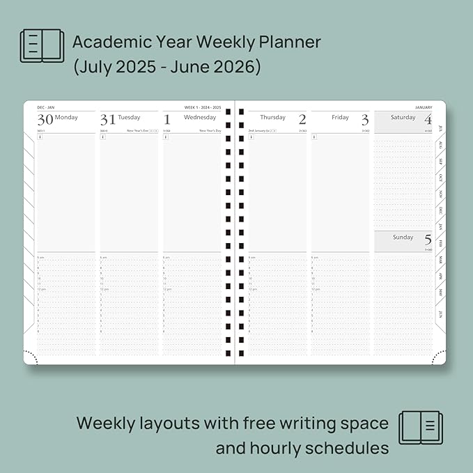 POPRUN Academic Planner 2025-2026 (July 2025-June 2026), Daily Weekly and Monthly Appointment Book (Wirebound Hard Cover - 10'' x 8'') with Hourly Time Slots, Tabs, 100 GSM - Black