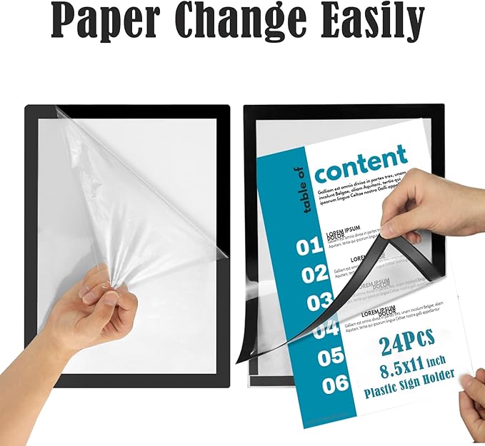 8.5x11 Magnetic Sign Holder Wall Mount,Self-Adhesive Plastic Display Frames,Clear PVC Sign Holder with Magnet Strip Border for Window/Door/Fridge/Document Notice Paper(24Pcs,Black)