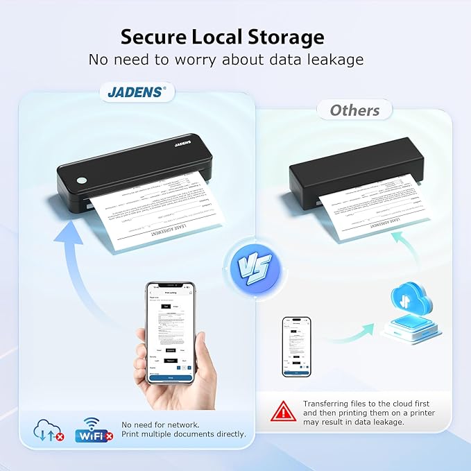 JADENS Bluetooth Thermal Printer, Support 8.5" X 11" US Letter, Portable Printers Wireless for Travel, Inkless Printer Compatible with iOS, Android, Mobile Printer for Home, Office, School