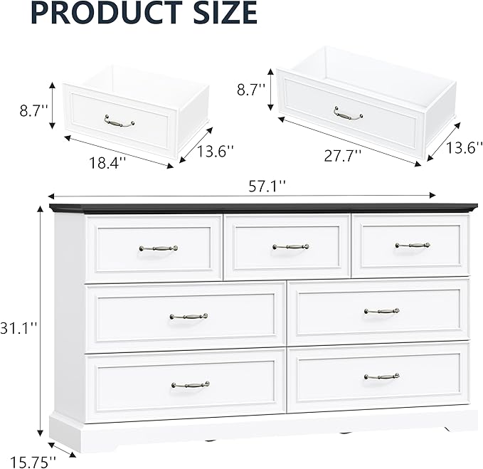7 Drawer Dresser for Bedroom, 57" Wide Wooden Chest of Drawers, Rustic Farmhouse Dresser with Large Drawers & Metal Handles, Modern Storage Organizer for Closet, Living Room, Hallway, White