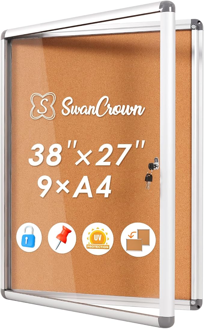 SWANCROWN Enclose Bulletin Board Tamper-Proof Dispaly Case School Office Cork Noticeboards for Information Photo, 38x28inch (9xA4)
