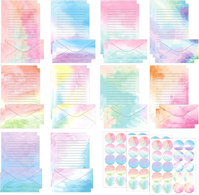 TaoBary 160 Pcs Stationery Paper Set 50 Double Sided Stationery Papers with 50 Matching Envelopes and 60 Round Dot Sticker, 10 Design(Watercolor,8.5 x 11 Inch)
