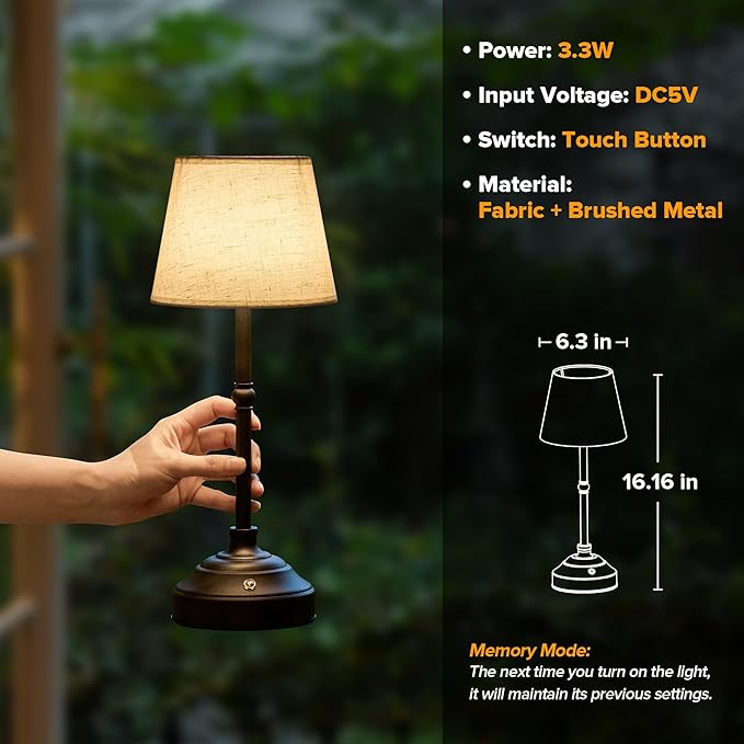 2 Pack Cordless Table Lamp, Rechargeable Desk Lamp with Fabric Shade, Battery Operated Lamp 3 Color Stepless Dimming, Small Touch Bedside Lamp Home Decor for Dining, Counter (Matte Black)