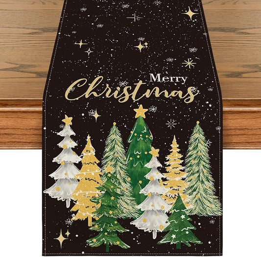 Artoid Mode Xmas Trees Black Merry Christmas Table Runner, Seasonal Winter Kitchen Dining Table Decoration for Home Party Decor 13x120 Inch