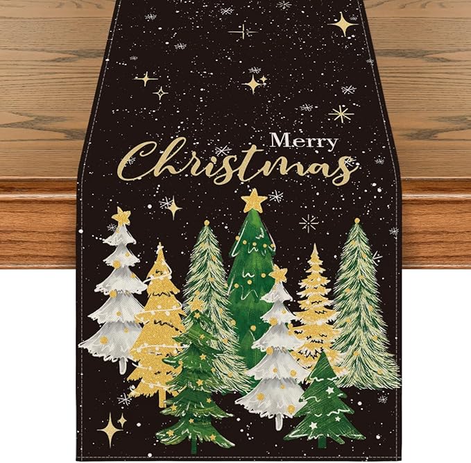 Artoid Mode Xmas Trees Black Merry Christmas Table Runner, Seasonal Winter Kitchen Dining Table Decoration for Home Party Decor 13x90 Inch