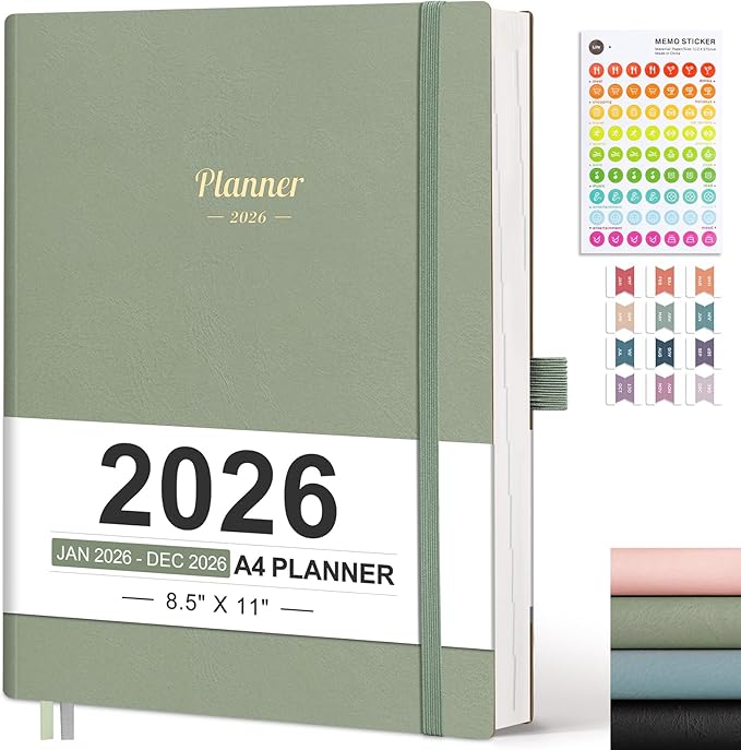 AHGXG 2026 Planner, Weekly and Monthly, Large A4 8.5"x11", Planner 2026-2027, Calendar 15-Months Jan 2026 - Mar 2027, Vegan Leather Softcover, Inner Pocket, Sage Green
