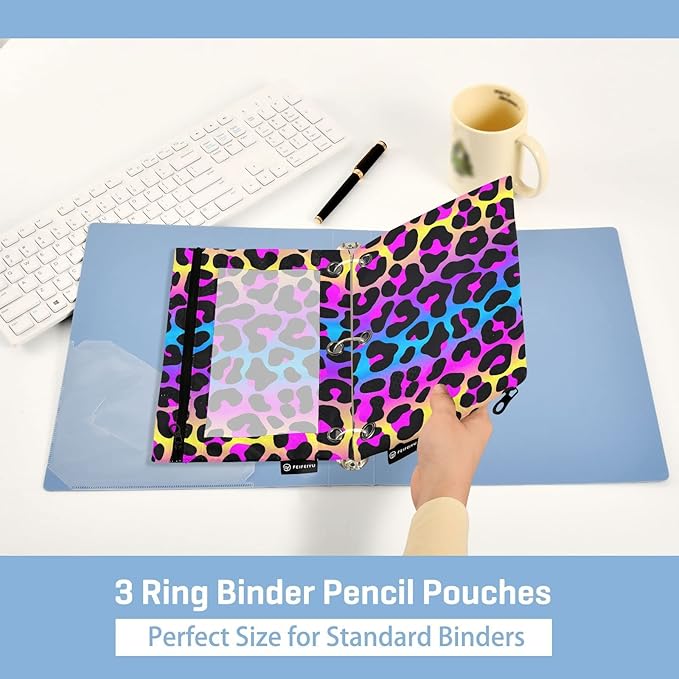 ALAZA Pencil Pouch for 3 Ring Binder, Leopard Print Cheetah Neon Gradient Binder Pencil Pouches with Clear Window Zipper Pencil Case Cosmetic Bags for Office College Supplies, 2PCS