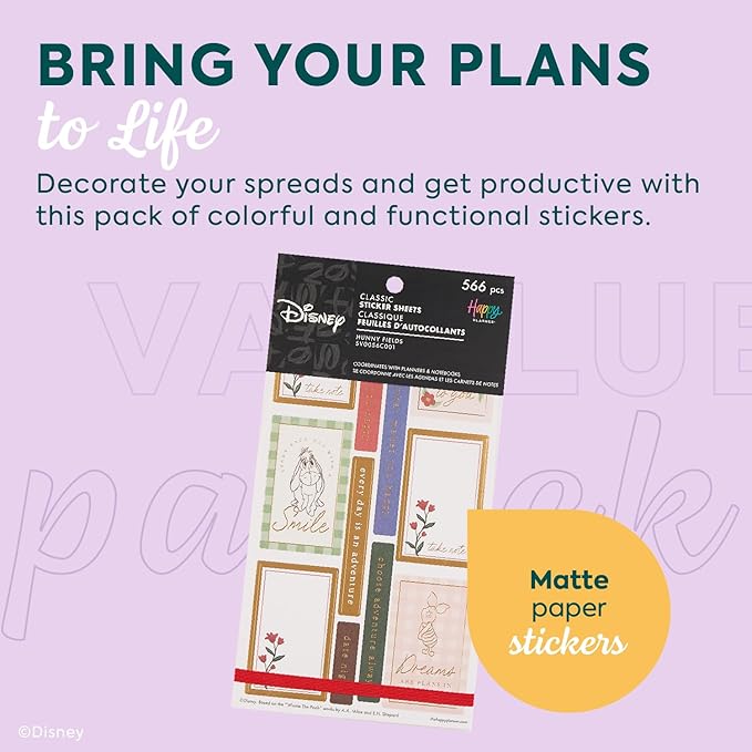 Happy Planner Disney Winnie-The-Pooh 30-Sheet Sticker Set for Planners, Calendars, and Journals, Easy-Peel Stickers, Scrapbook Accessories, 566 Stickers Total, Hunny Fields