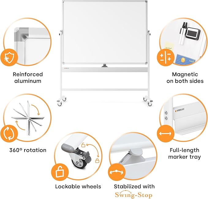 Rolling Dry Erase Board 60 x 46 - Large Portable Magnetic Whiteboard with Stand - Double Sided Easel Style Whiteboard with Wheels - Mobile Standing White Board for Office, Classroom & Home
