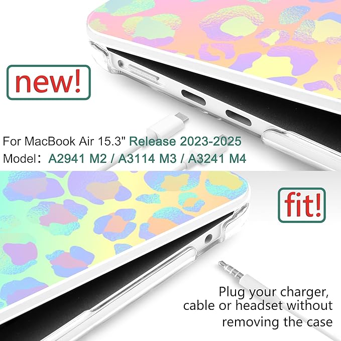 DONGKE Compatible with M4 MacBook Air 15 inch Case 2025-2023 A3241 A3114 A2941 M3 M2 Retina Display Touch ID, Plastic Hard Case & Keyboard Skin for MacBook Air 15" - Colorful Leopard