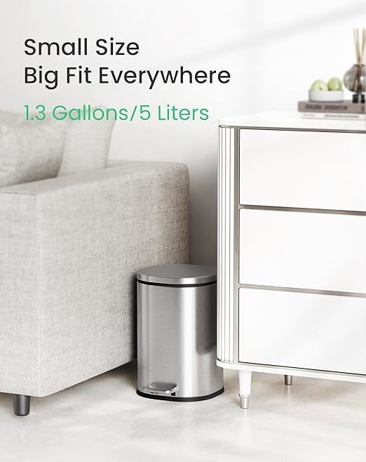 Cesun Bathroom Trash Can with Lid, 1.3 Gallon Small Garbage Can with Foot Pedal, Metal Round Wastebasket for Bathroom, Bedroom, Office, Silver