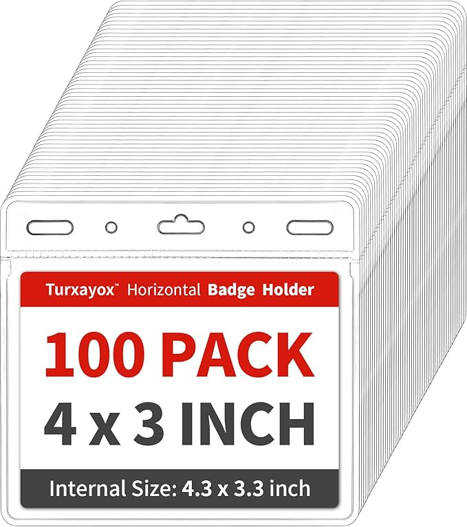 100 Pack Horizontal Clear ID Badge Holder, 4x3 Inch Plastic Name Tag Badge Holders, Card Protector Cover, Quick Load and Remove No Zipper Sleeve for Lanyard